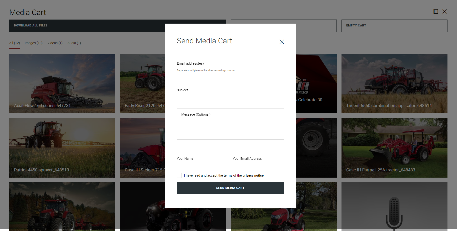 Send Media Cart Popup